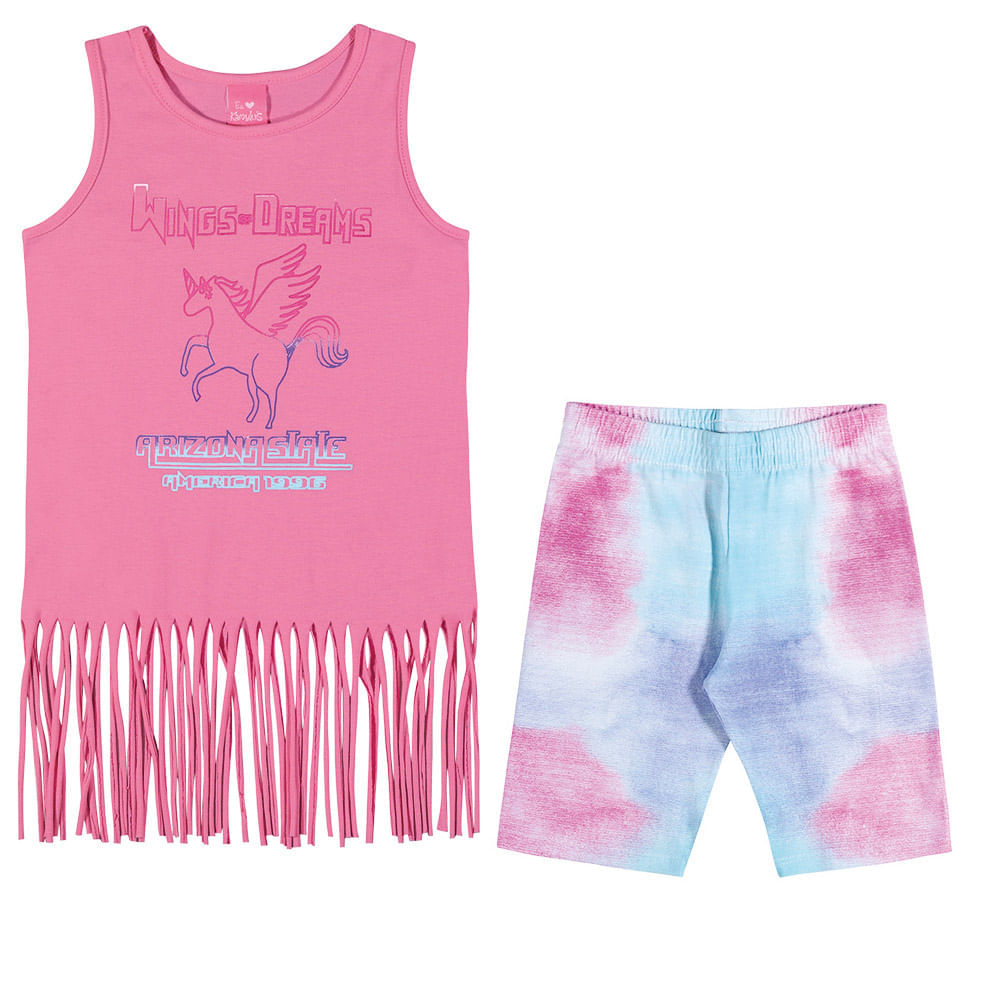 Conjuntinho Infantil - Regata com Franjinha e Bermuda - Wing Dreams - Rosa - Kamylus