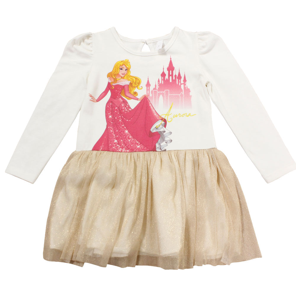 Vestido Manga Longa com Tule - Off White e Dourado - Aurora - A Bela Adormecida - Princesas - Disney